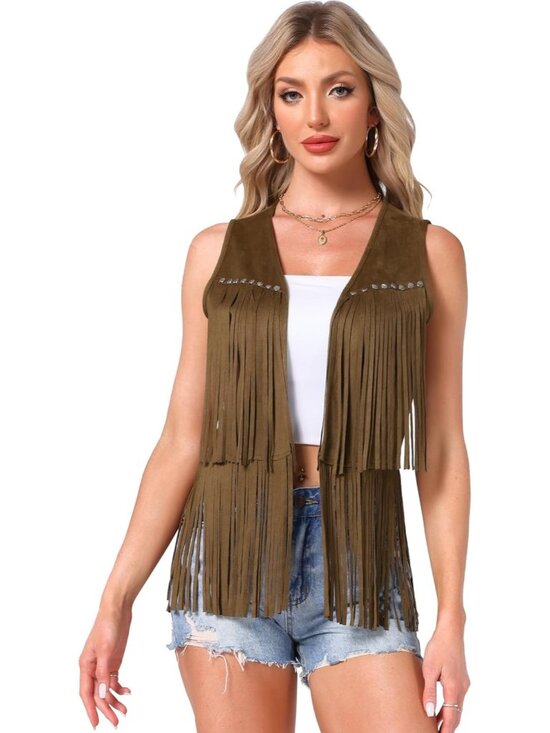 Sweaters - Women's Brown Faux Suede Fringe Top Vest Open Front Western Tassel Cardigan